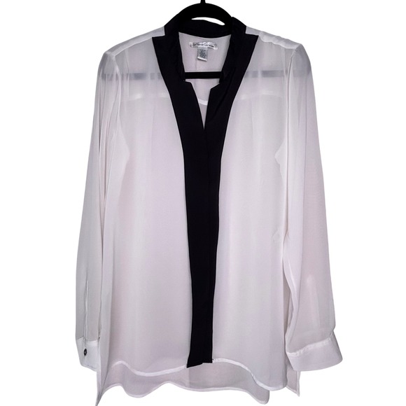 Kenneth Cole Sheer Long Sleeve Chiffon Button Down Black‎ White Top Womens Sz L - Picture 1 of 6